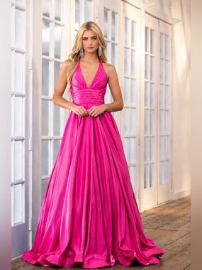 NEW Ava Presley Hot Pink Style #39562 Size 4 Halter V-Neck Evening Gown